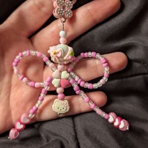 Pink Beaded Keychain with Bow and Heart Accents